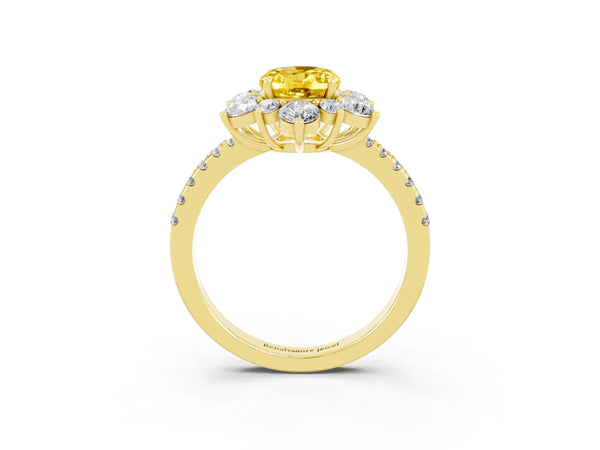 Yellow gold Oval Cut Yellow Sapphire Floral Halo Ring with Round Pavé Band and Prong Setting