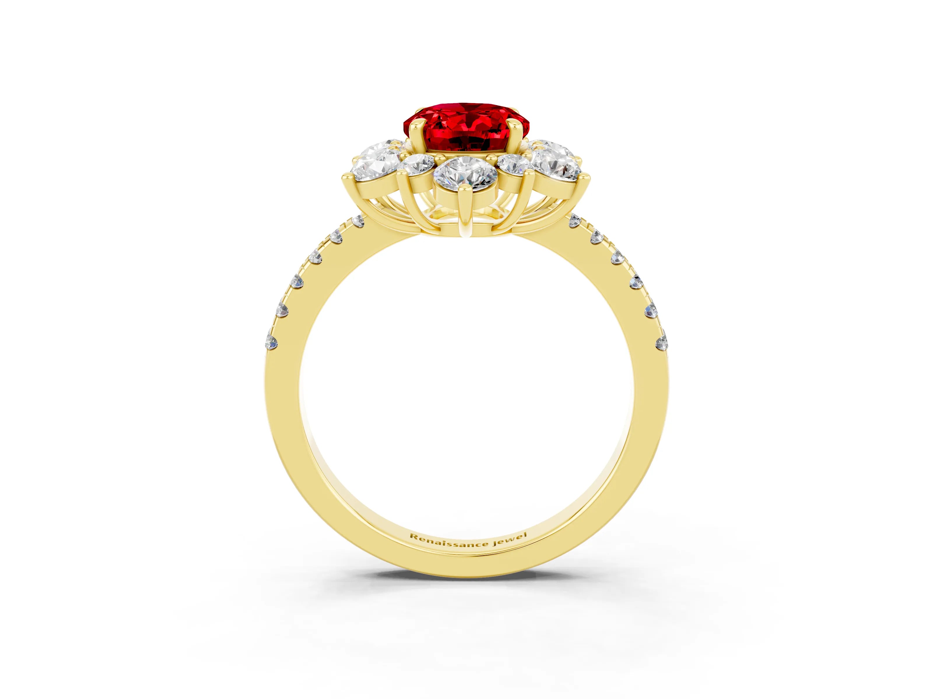 Yellow gold Oval Cut Cut Diamond Floral Halo Pave Band with Prong Setting_3