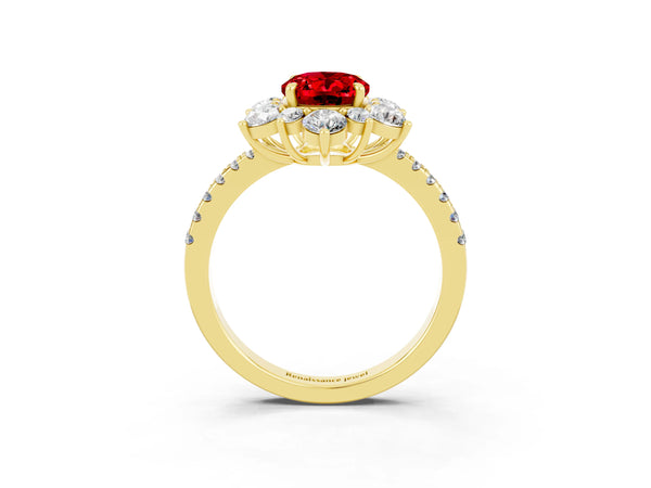 Yellow gold Oval Cut Ruby Floral Halo Ring with Round Pavé Band and Prong Setting