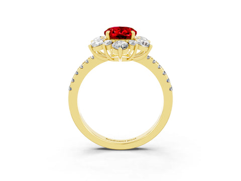 Yellow gold Oval Cut Cut Diamond Floral Halo Pave Band with Prong Setting_3