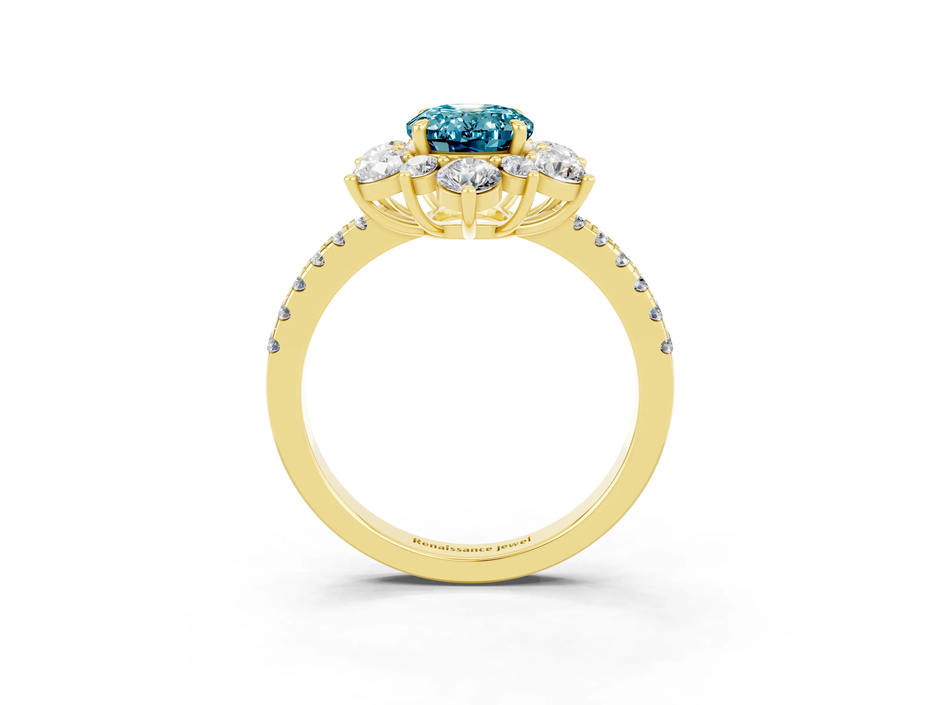 Yellow gold Oval Cut Cut Diamond Floral Halo Pave Band with Prong Setting_3