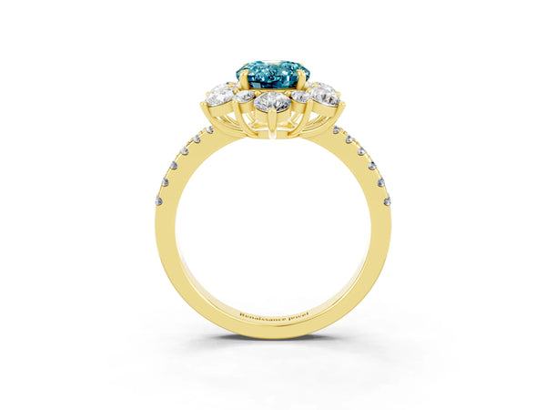 Yellow gold Oval Cut Cut Diamond Floral Halo Pave Band with Prong Setting