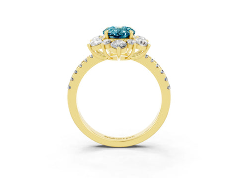 Yellow gold Oval Cut Cut Diamond Floral Halo Pave Band with Prong Setting_3