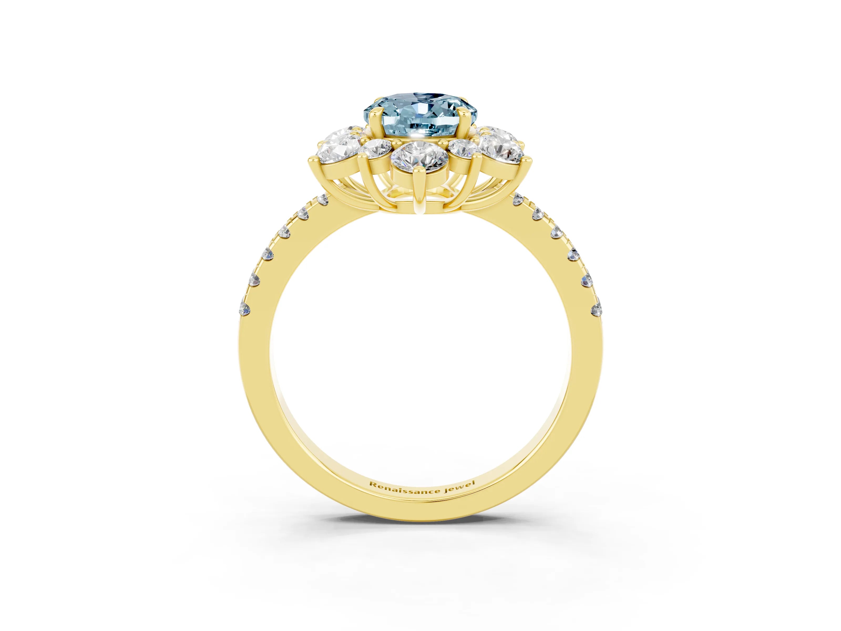 Yellow gold Oval Cut Cut Diamond Floral Halo Pave Band with Prong Setting_3