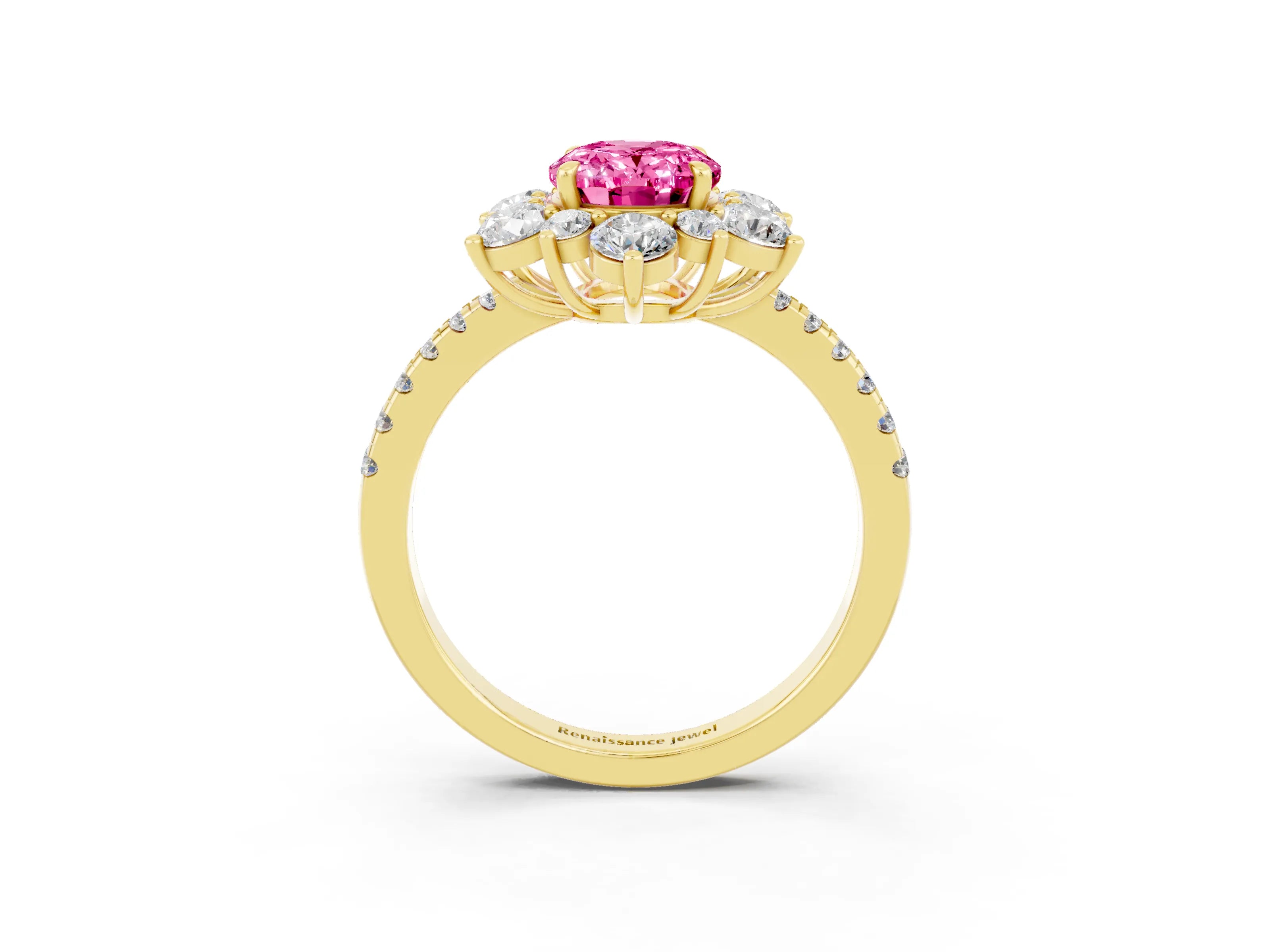 Yellow gold Oval Cut Cut Diamond Floral Halo Pave Band with Prong Setting_3