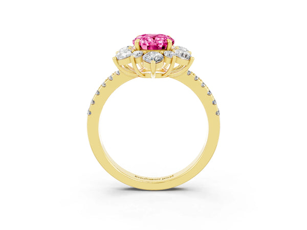 Yellow Gold Oval Lab-Grown Pink Sapphire Star Floral Halo Engagement Ring with Pave Band