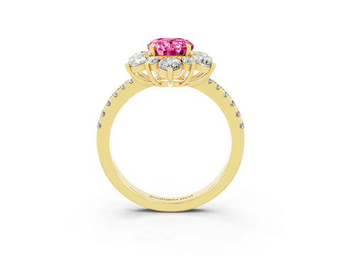 Yellow gold Oval Cut Cut Diamond Floral Halo Pave Band with Prong Setting_3