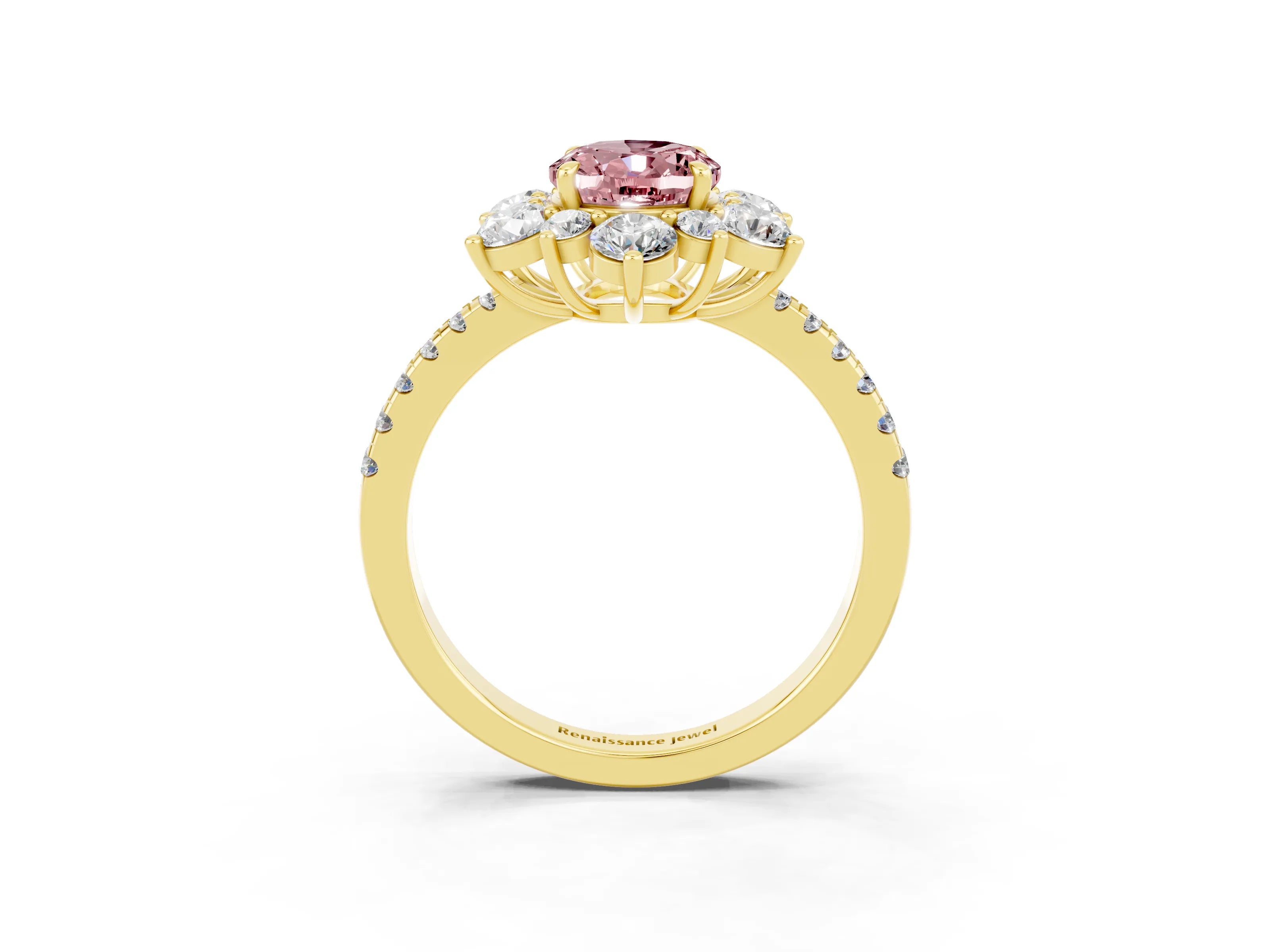 Yellow gold Oval Cut Cut Diamond Floral Halo Pave Band with Prong Setting_3