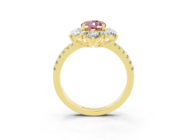 Yellow gold Oval Cut Cut Diamond Floral Halo Pave Band with Prong Setting