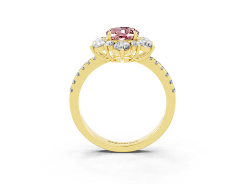 Yellow gold Oval Cut Cut Diamond Floral Halo Pave Band with Prong Setting_3