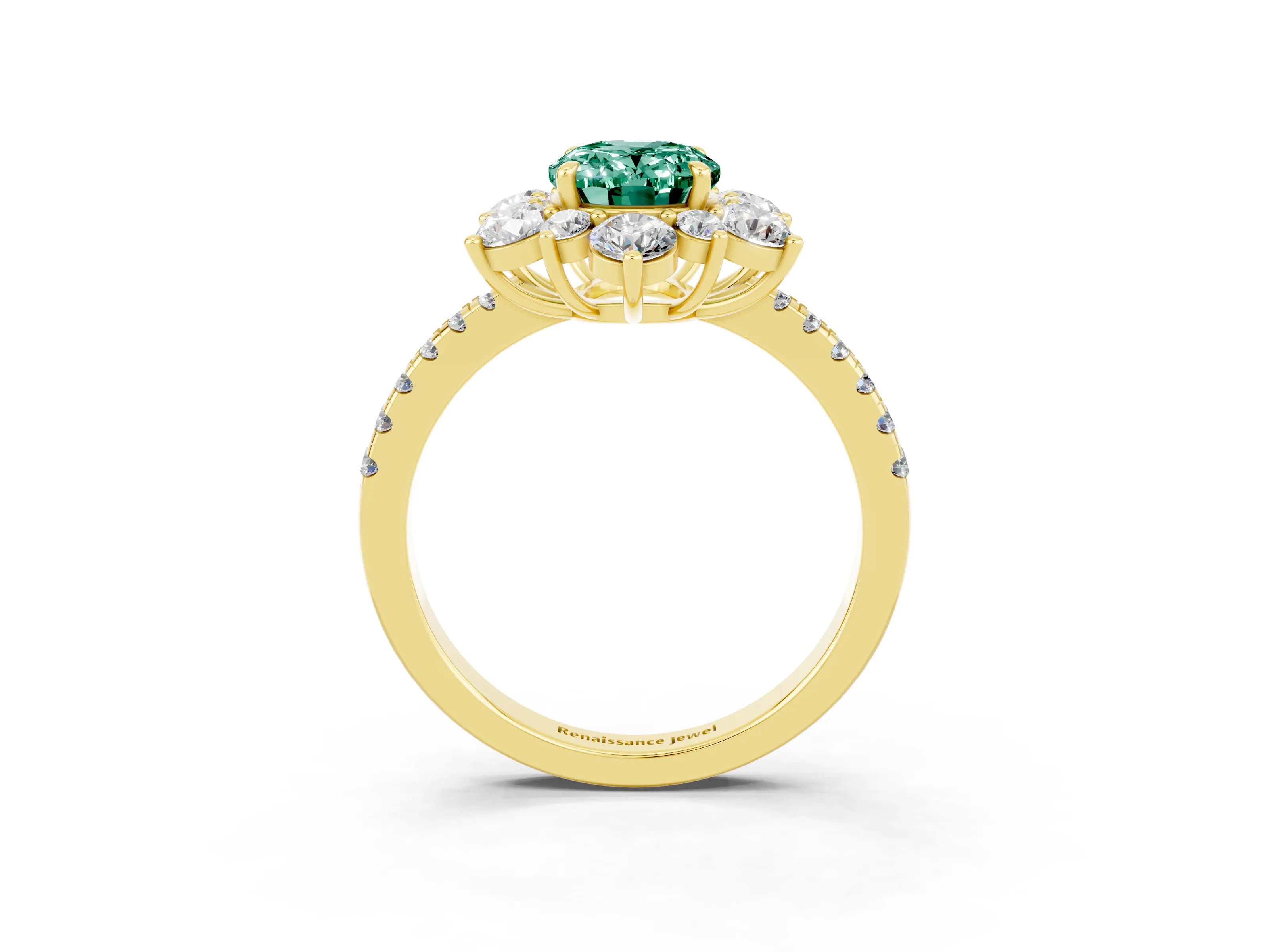 Yellow gold Oval Cut Cut Diamond Floral Halo Pave Band with Prong Setting_3