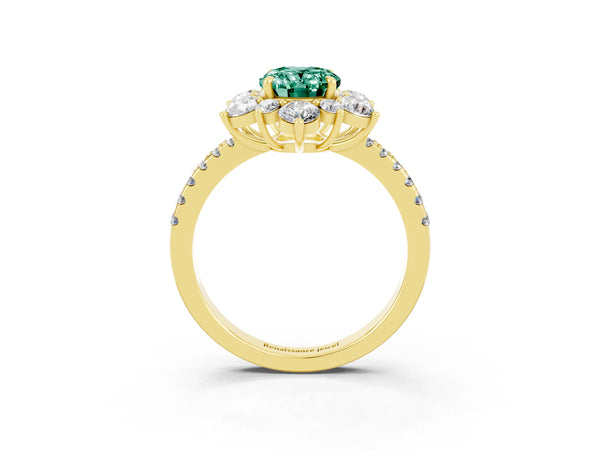 Yellow gold Oval Cut Green Sapphire Floral Halo Ring with Round Pavé Band and Prong Setting