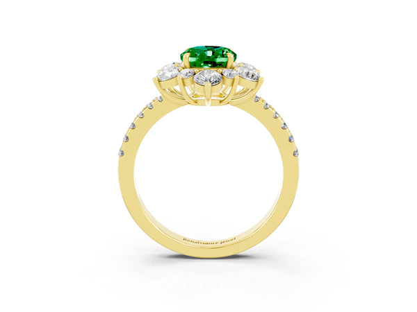 Yellow gold Oval Cut Emerald Floral Halo Ring with Round Pavé Band and Prong Setting