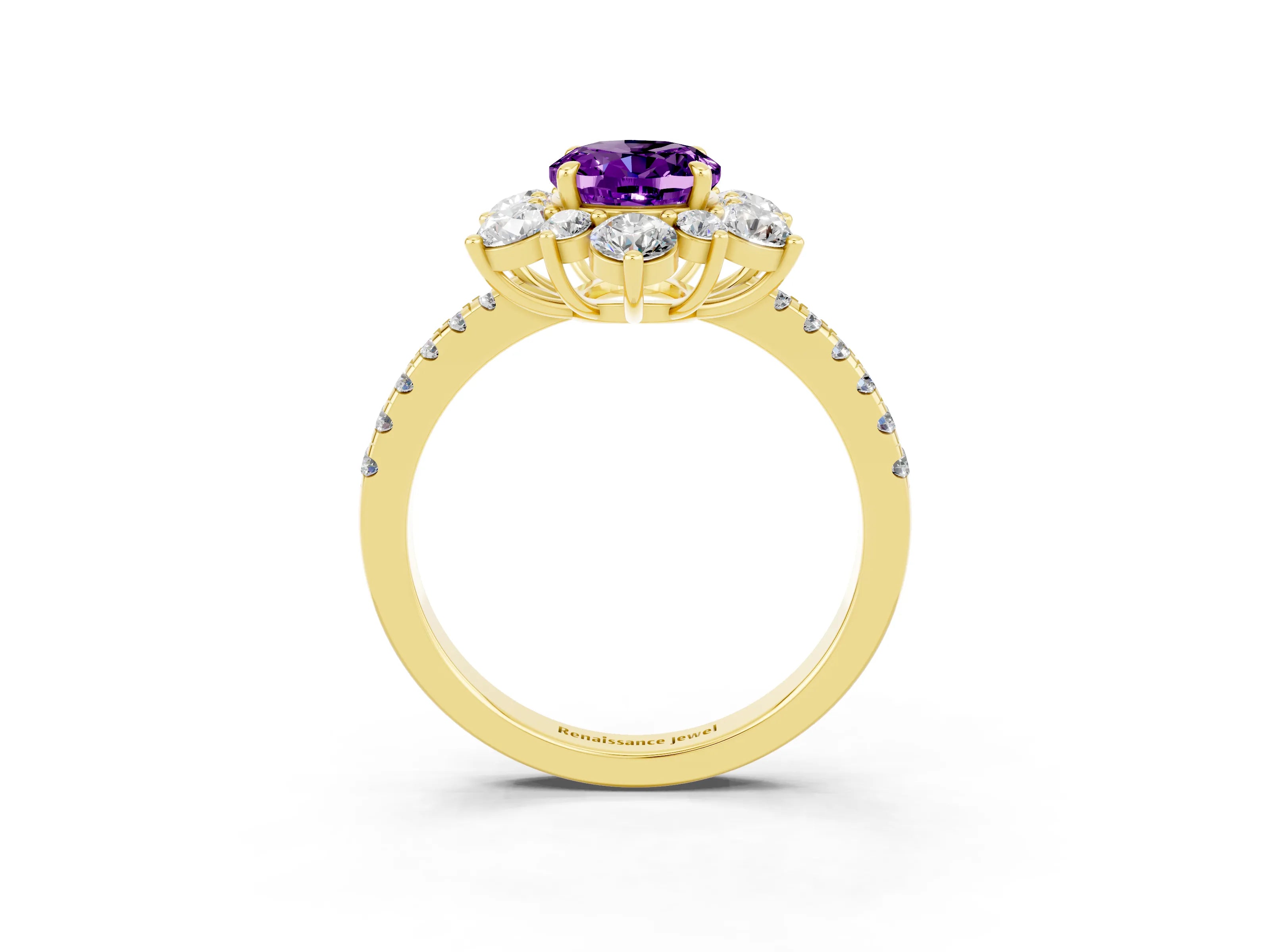 Yellow gold Oval Cut Cut Diamond Floral Halo Pave Band with Prong Setting_3