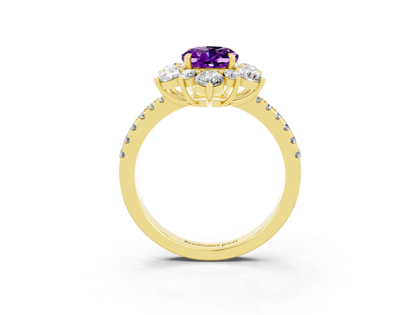 Yellow gold Oval Cut Amethyst Floral Halo Ring with Round Pavé Band and Prong Setting