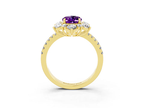Yellow gold Oval Cut Cut Diamond Floral Halo Pave Band with Prong Setting_3