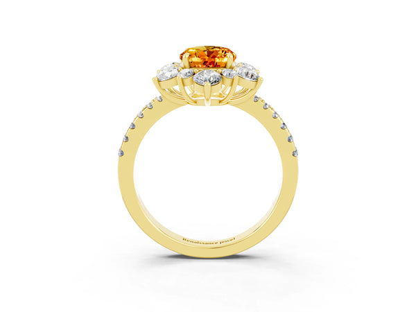 Yellow gold Oval Cut Citrine Floral Halo Ring with Round Pavé Band and Prong Setting