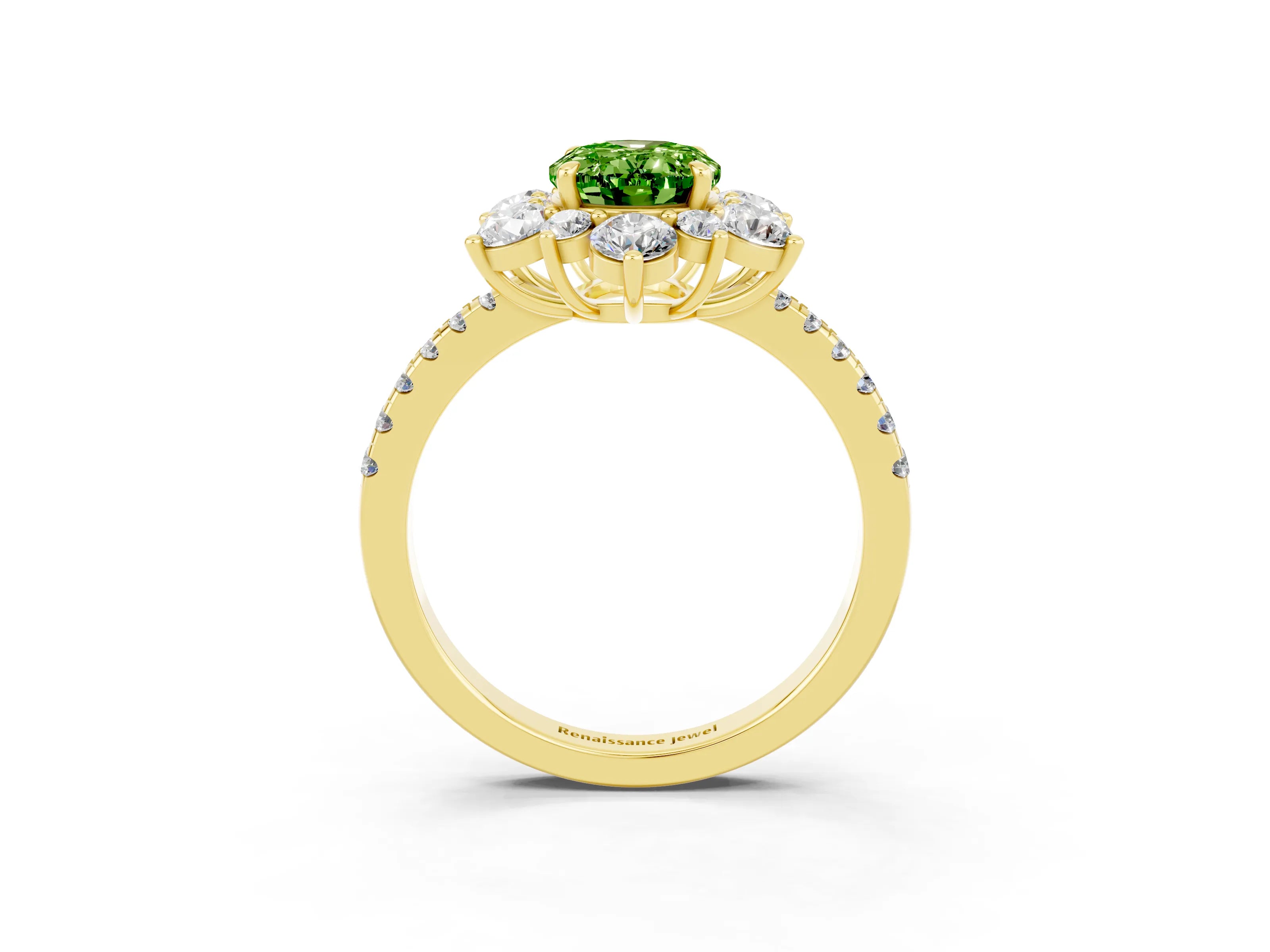Yellow gold Oval Cut Cut Diamond Floral Halo Pave Band with Prong Setting_3