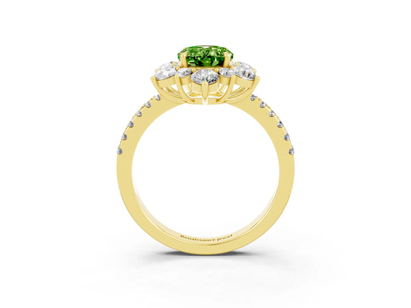 Yellow gold Oval Cut Cut Diamond Floral Halo Pave Band with Prong Setting