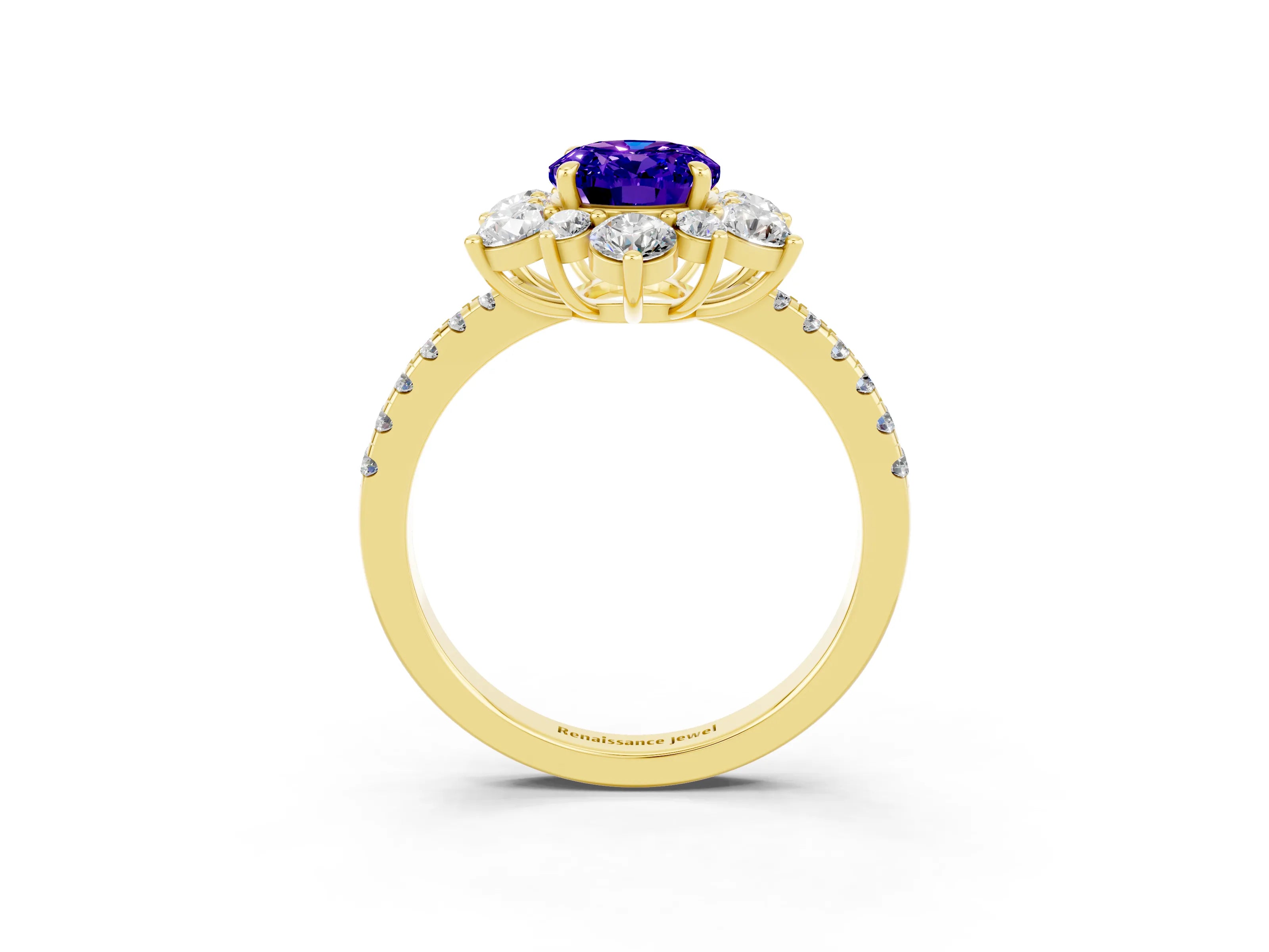 Yellow gold Oval Cut Cut Diamond Floral Halo Pave Band with Prong Setting_3