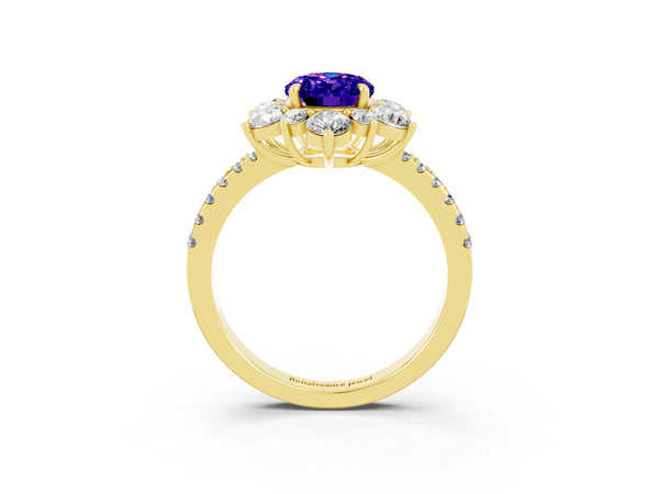 Yellow gold Oval Cut Tanzanite Floral Halo Ring with Round Pavé Band and Prong Setting