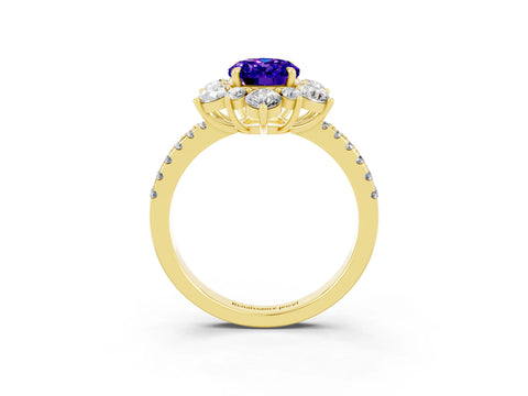 Yellow gold Oval Cut Cut Diamond Floral Halo Pave Band with Prong Setting_3