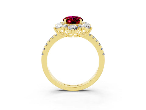 Yellow gold Oval Cut Cut Diamond Floral Halo Pave Band with Prong Setting_3
