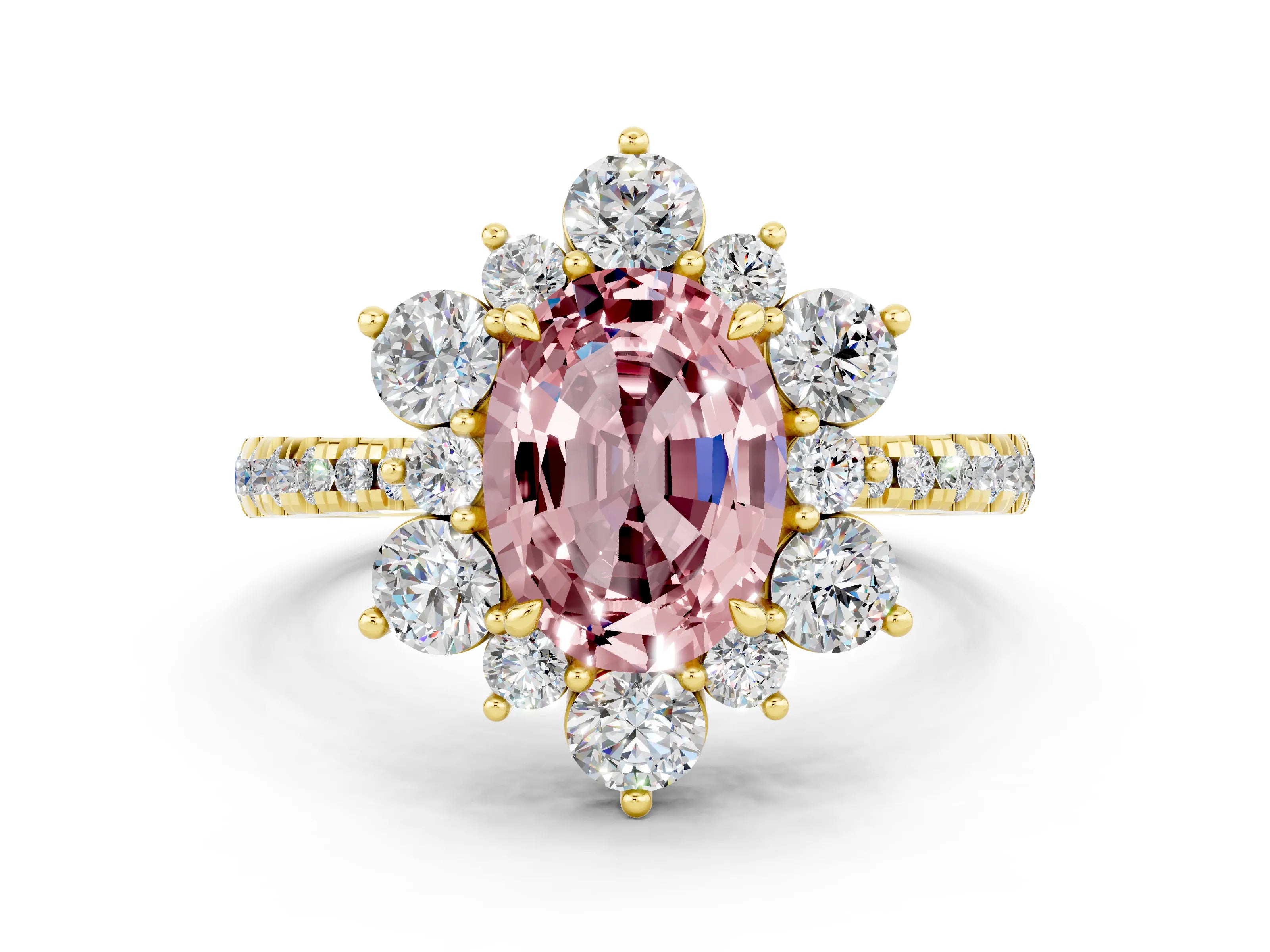 Yellow gold Oval Cut Cut Diamond Floral Halo Pave Band with Prong Setting