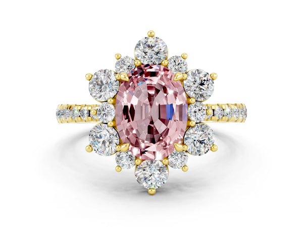 Yellow gold Oval Cut Cut Diamond Floral Halo Pave Band with Prong Setting