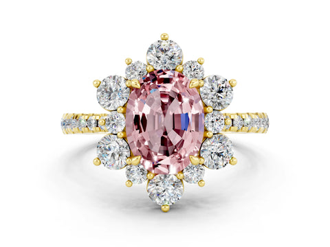 Yellow gold Oval Cut Cut Diamond Floral Halo Pave Band with Prong Setting
