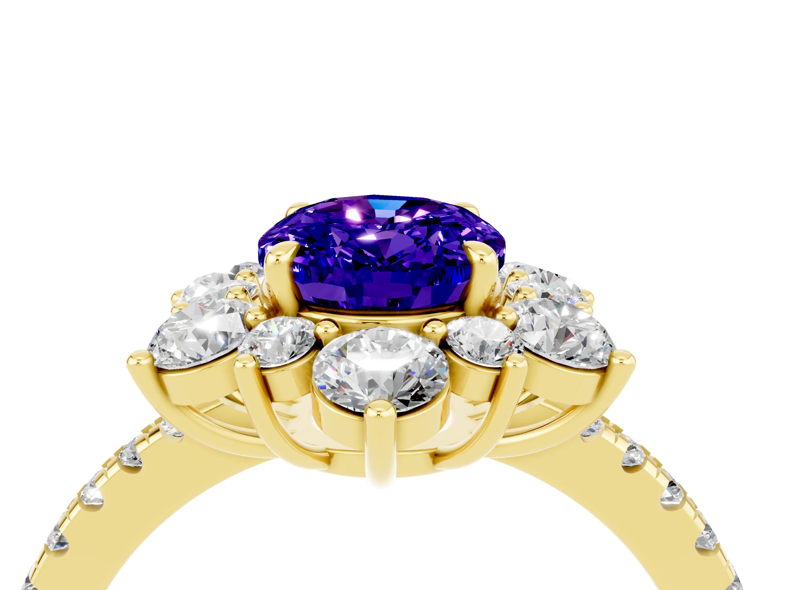 Yellow gold Oval Cut Cut Diamond Floral Halo Pave Band with Prong Setting_4