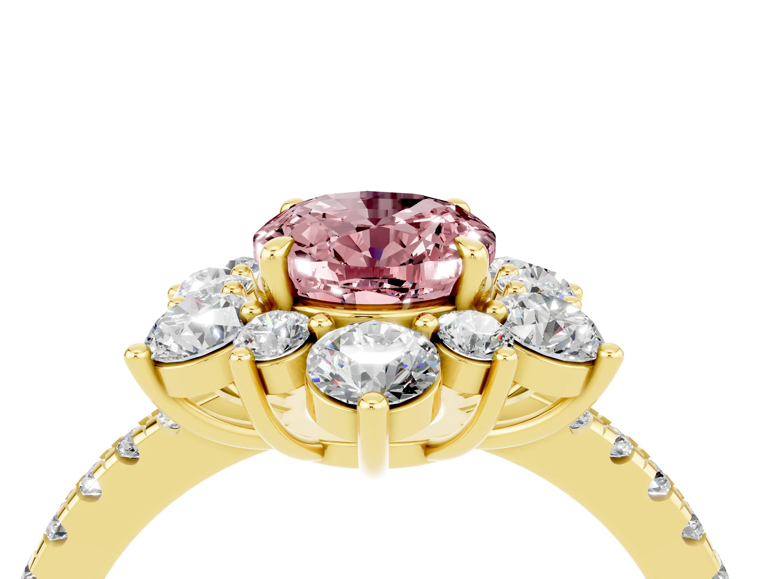 Yellow gold Oval Cut Cut Diamond Floral Halo Pave Band with Prong Setting_4