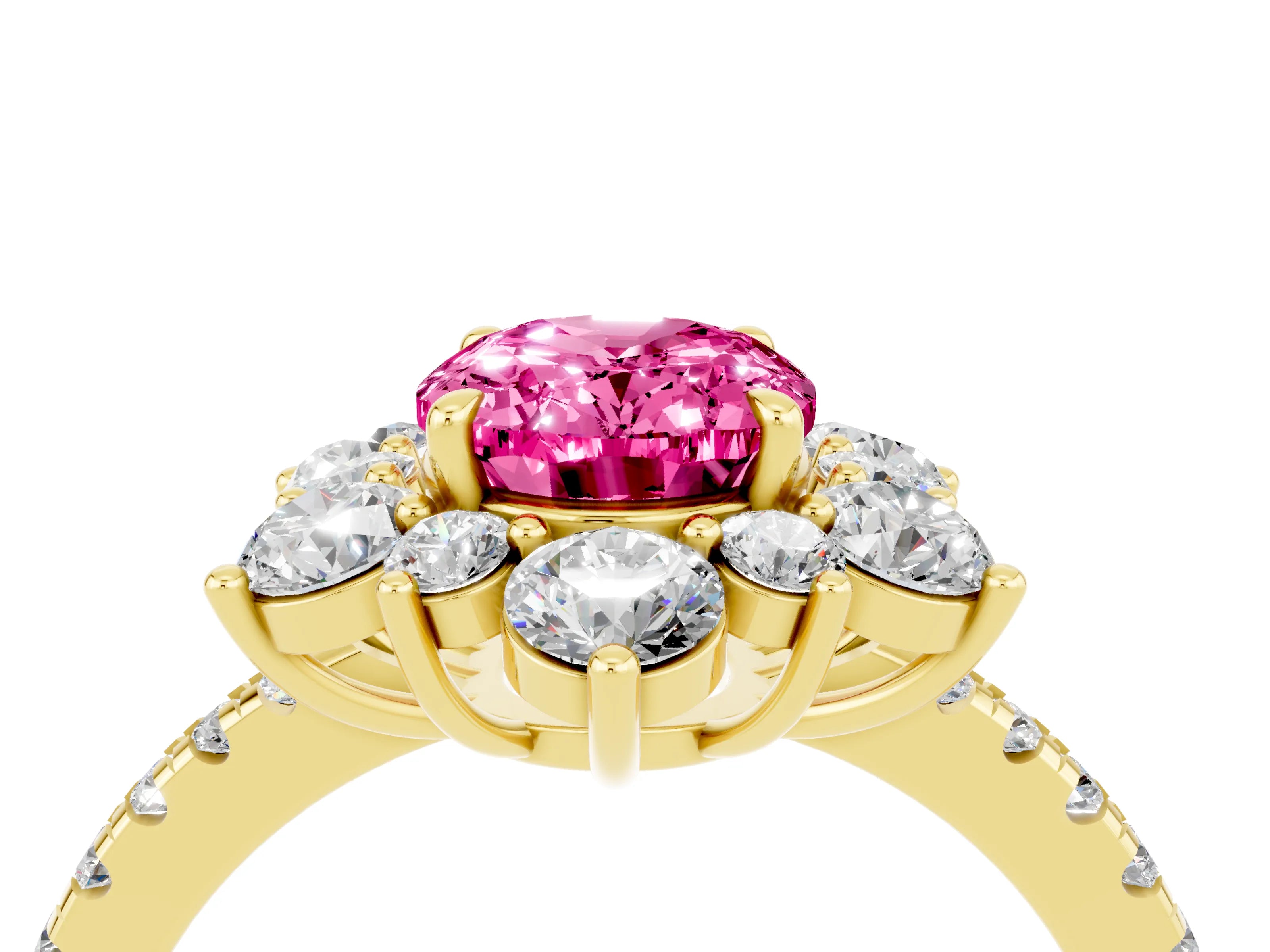Yellow gold Oval Cut Cut Diamond Floral Halo Pave Band with Prong Setting_4