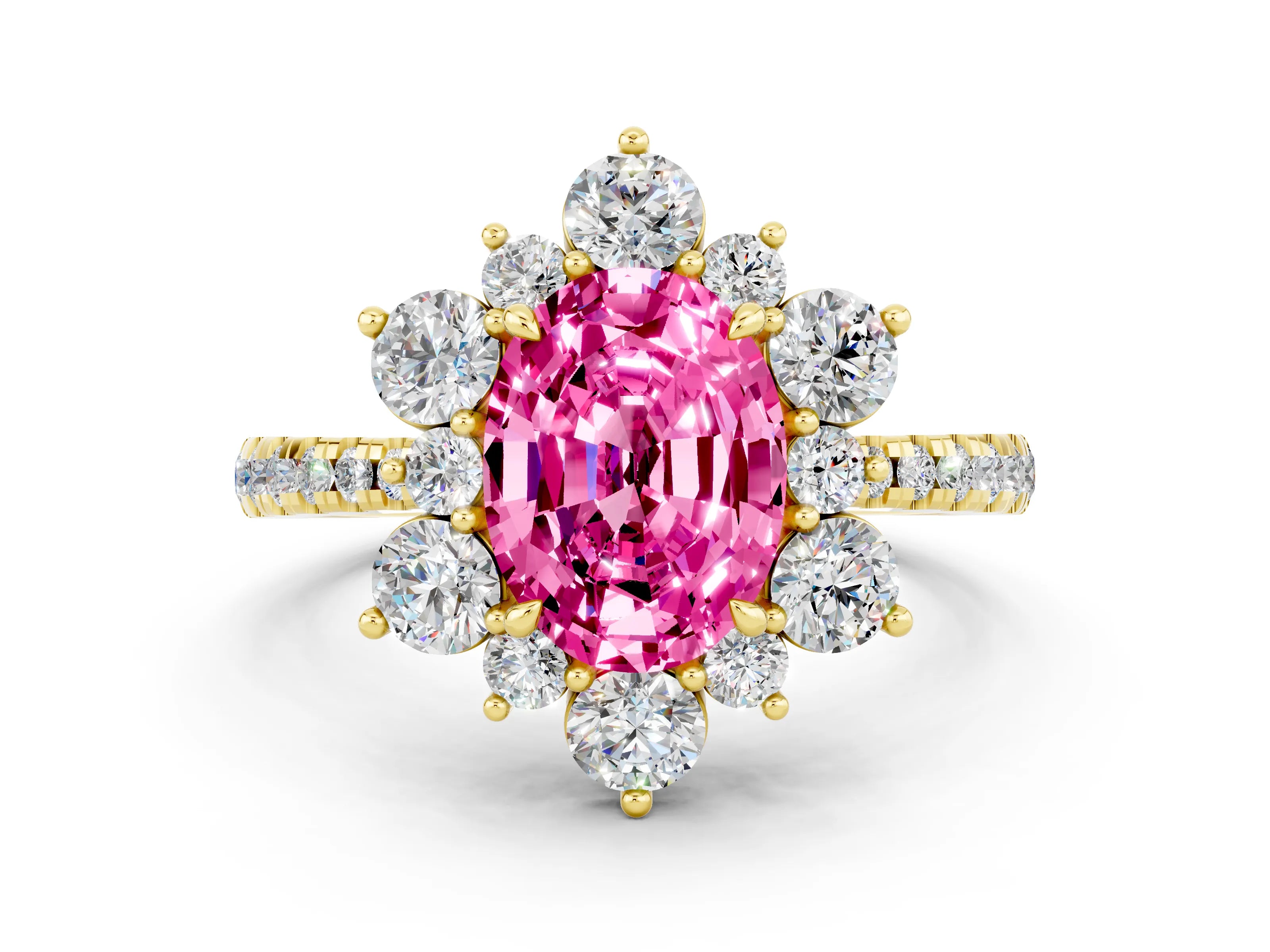 Yellow gold Oval Cut Cut Diamond Floral Halo Pave Band with Prong Setting