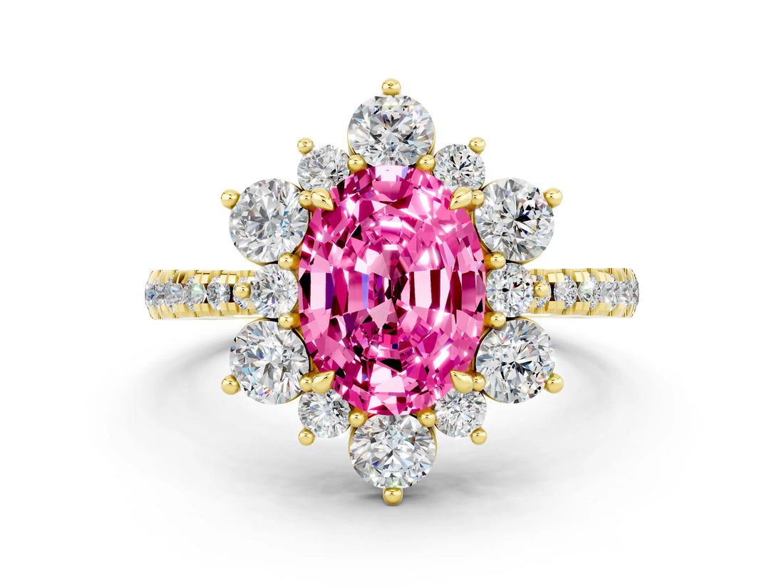 Yellow gold Oval Cut Cut Diamond Floral Halo Pave Band with Prong Setting