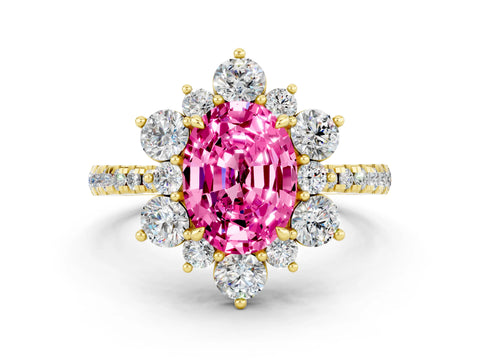 Yellow gold Oval Cut Cut Diamond Floral Halo Pave Band with Prong Setting