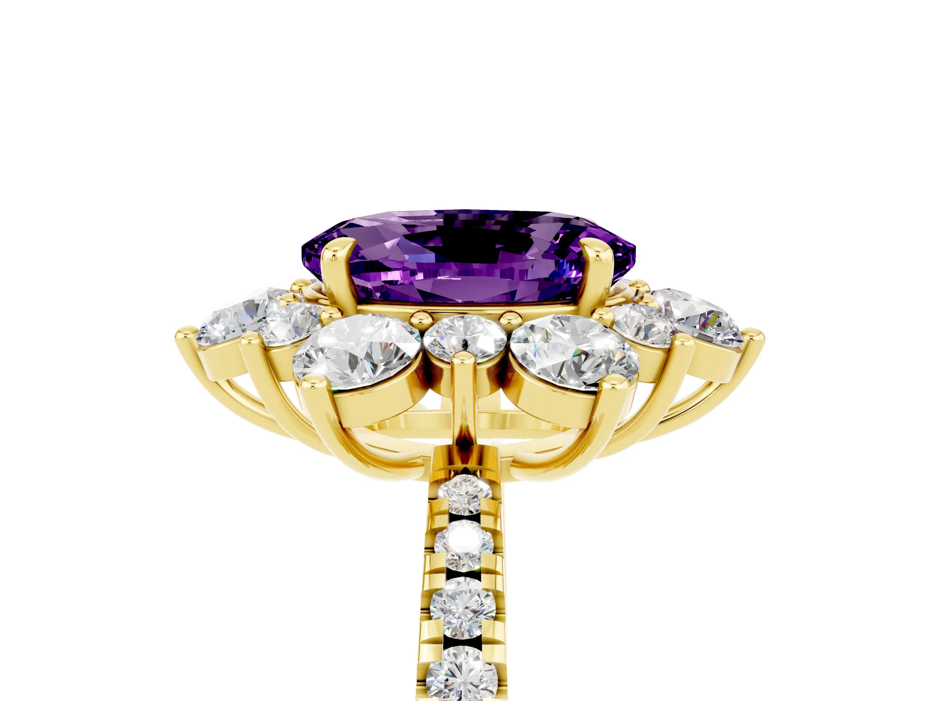 Yellow gold Oval Cut Cut Diamond Floral Halo Pave Band with Prong Setting_5