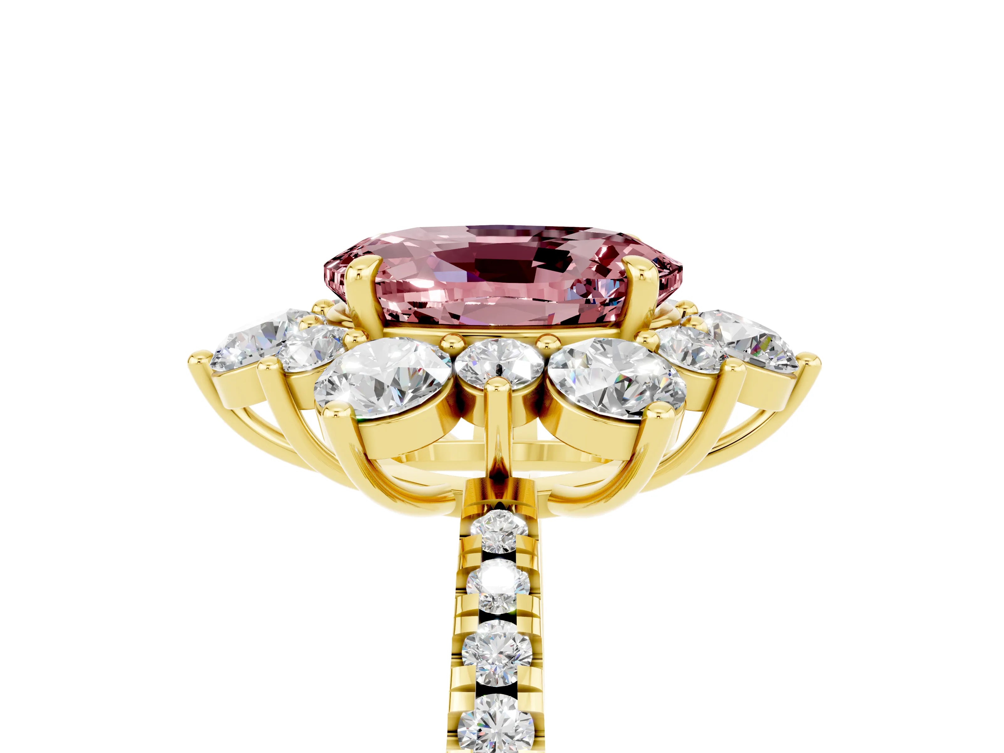 Yellow gold Oval Cut Cut Diamond Floral Halo Pave Band with Prong Setting_5
