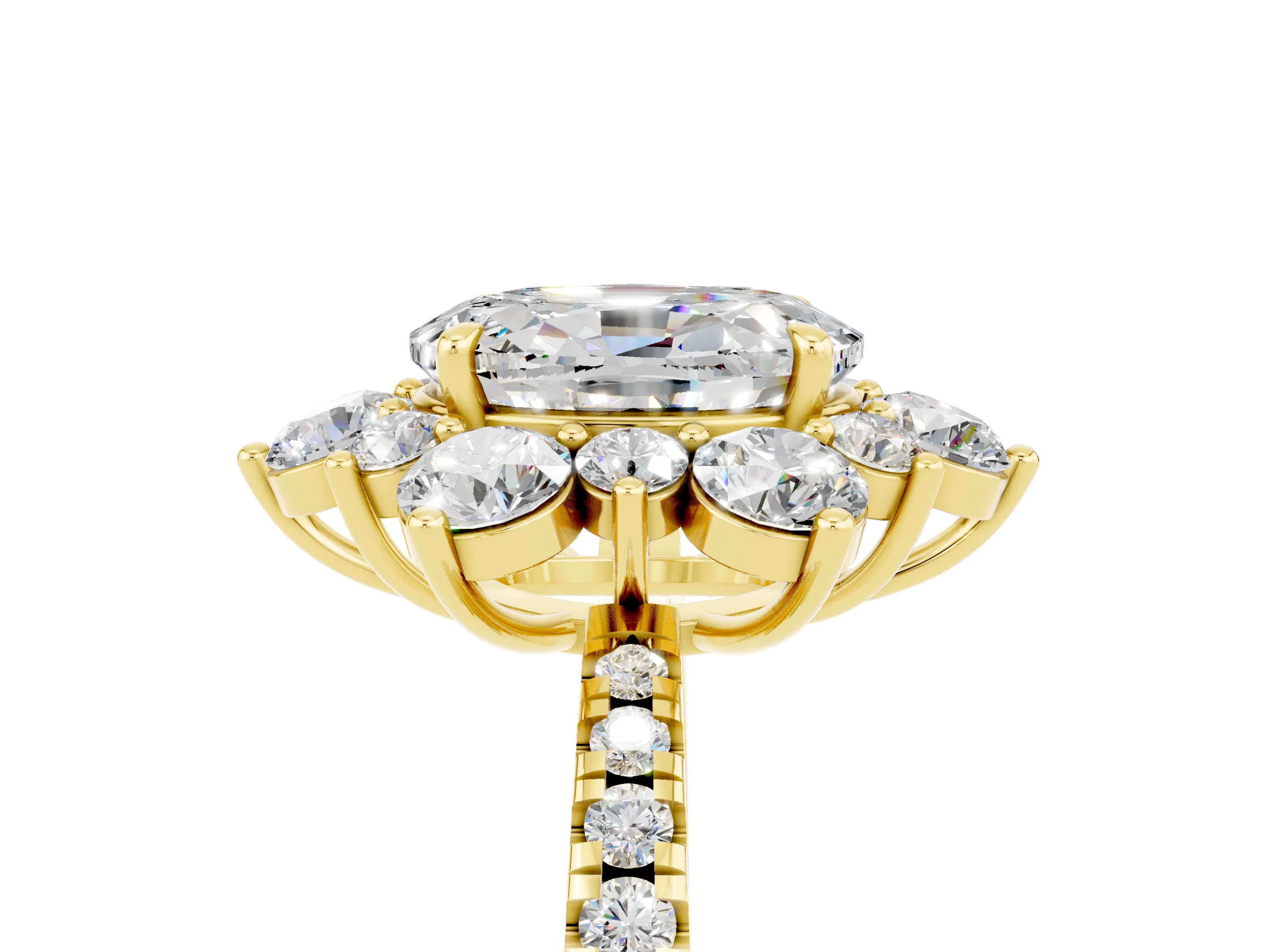 Yellow gold Oval Cut Cut Diamond Floral Halo Pave Band with Prong Setting_5