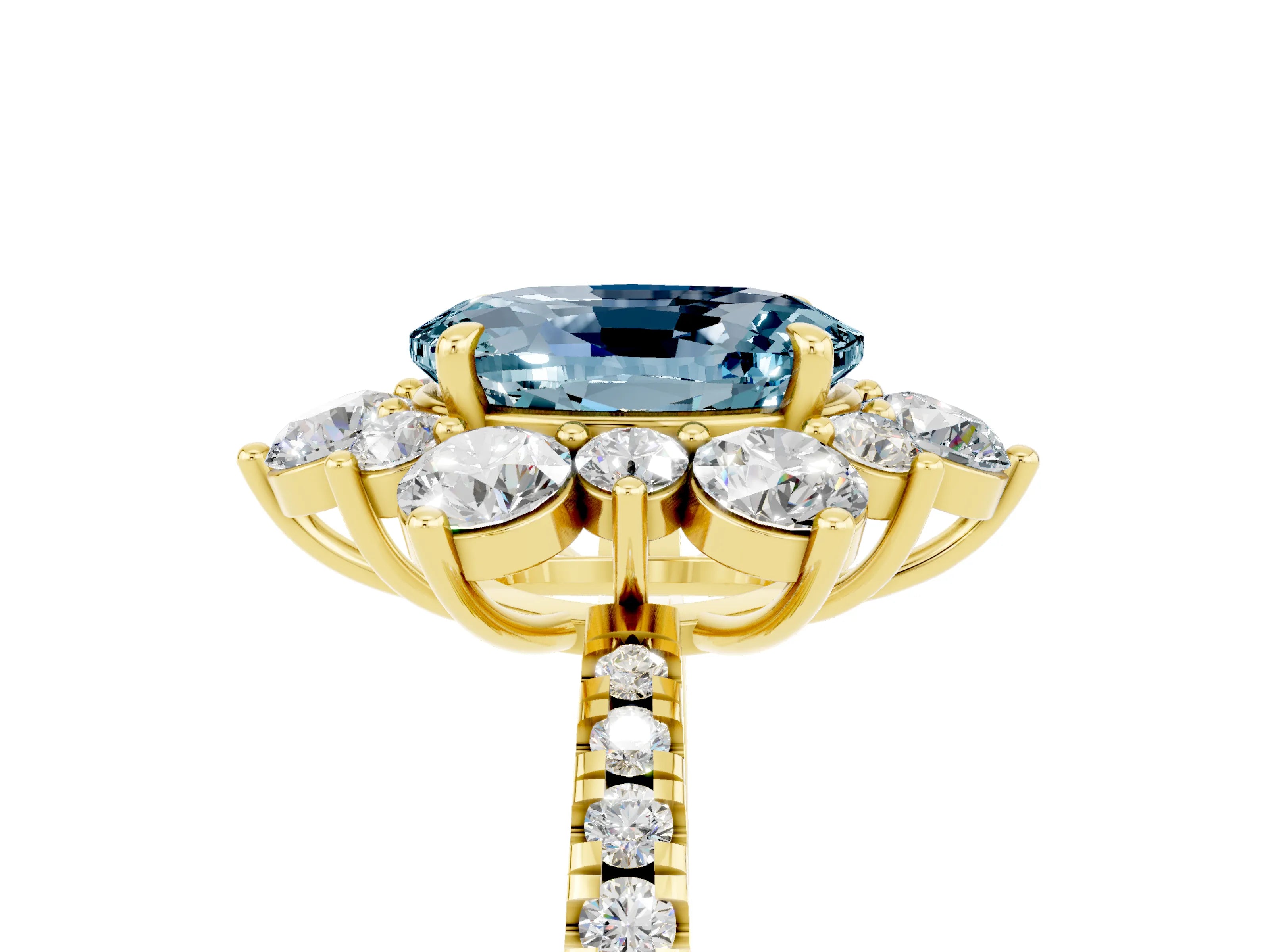 Yellow gold Oval Cut Cut Diamond Floral Halo Pave Band with Prong Setting_5