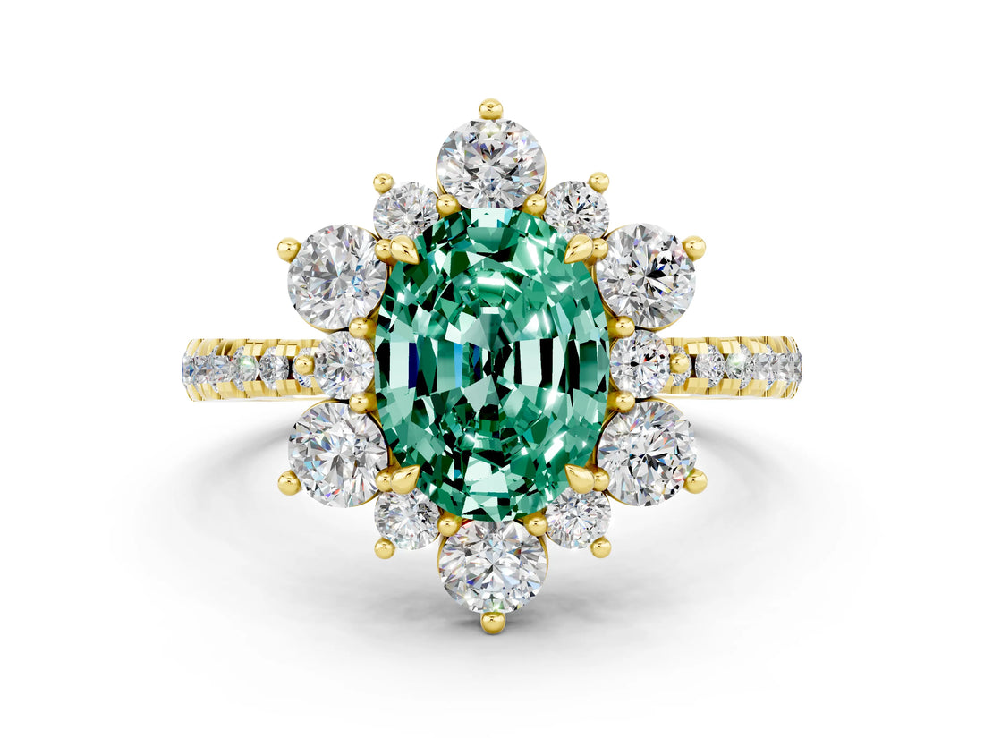 Yellow gold Oval Cut Cut Diamond Floral Halo Pave Band with Prong Setting