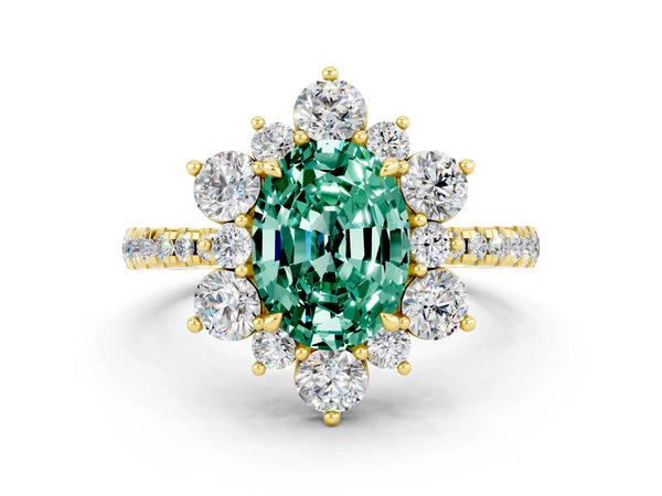 Yellow gold Oval Cut Green Sapphire Floral Halo Ring with Round Pavé Band and Prong Setting