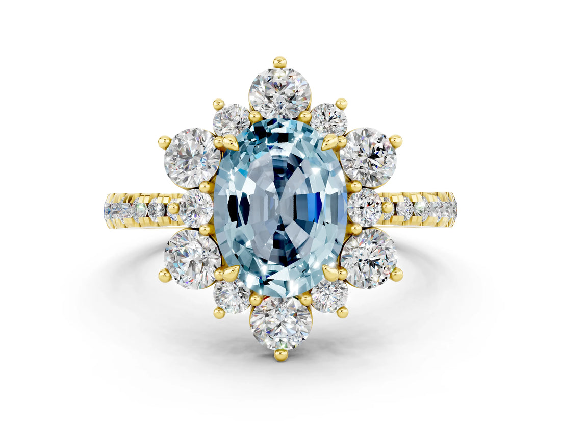 Yellow gold Oval Cut Cut Diamond Floral Halo Pave Band with Prong Setting