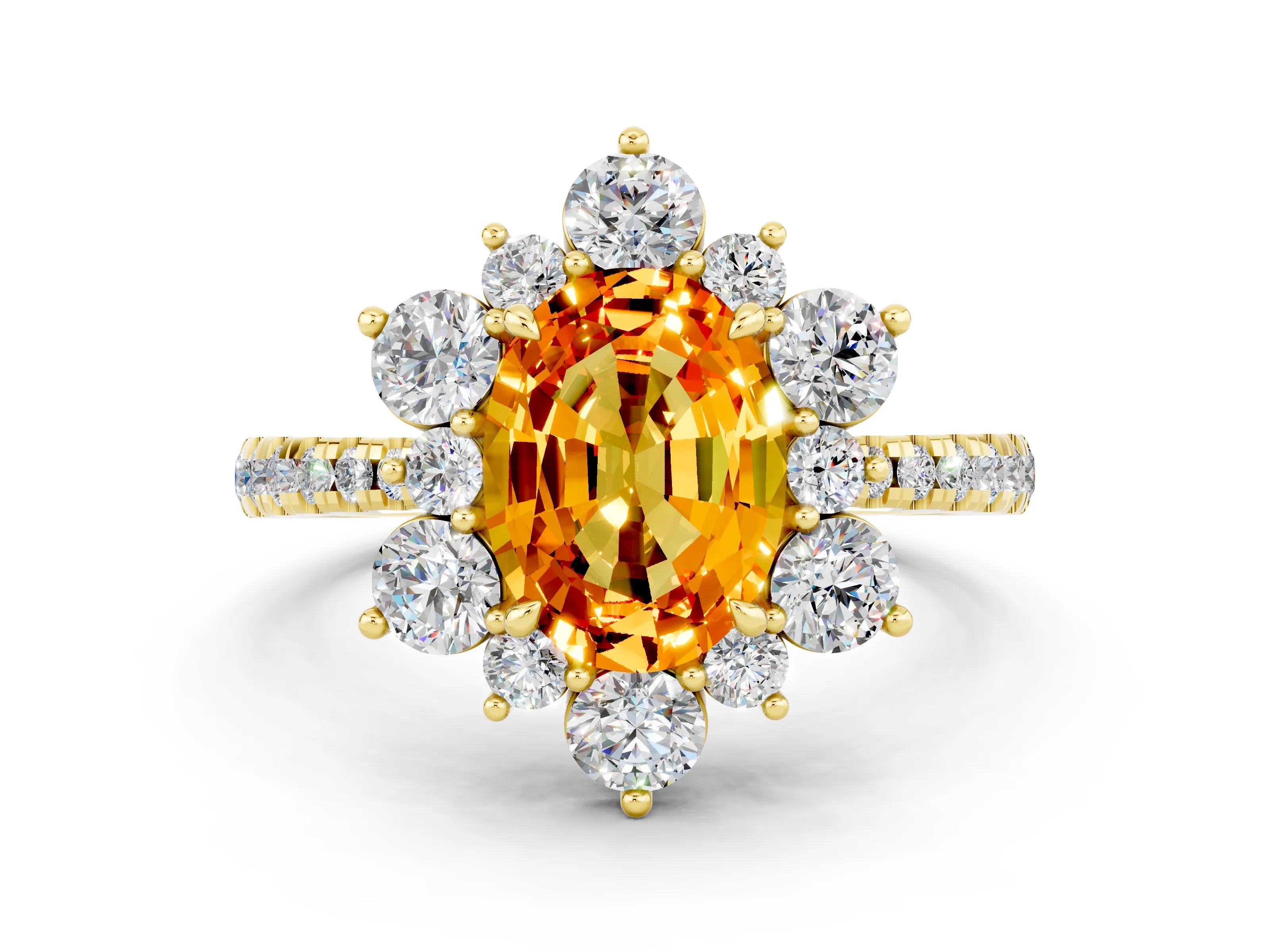 Yellow gold Oval Cut Cut Diamond Floral Halo Pave Band with Prong Setting