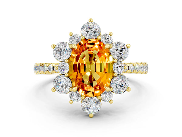 Yellow gold Oval Cut Citrine Floral Halo Ring with Round Pavé Band and Prong Setting