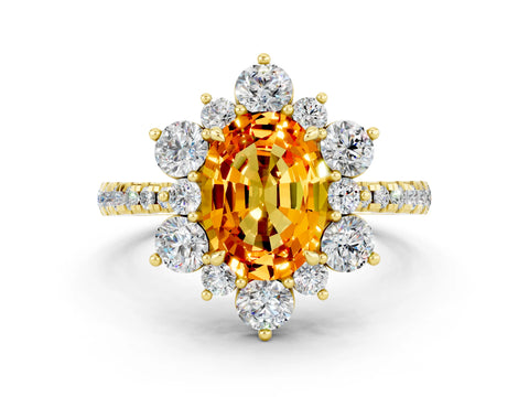 Yellow gold Oval Cut Cut Diamond Floral Halo Pave Band with Prong Setting