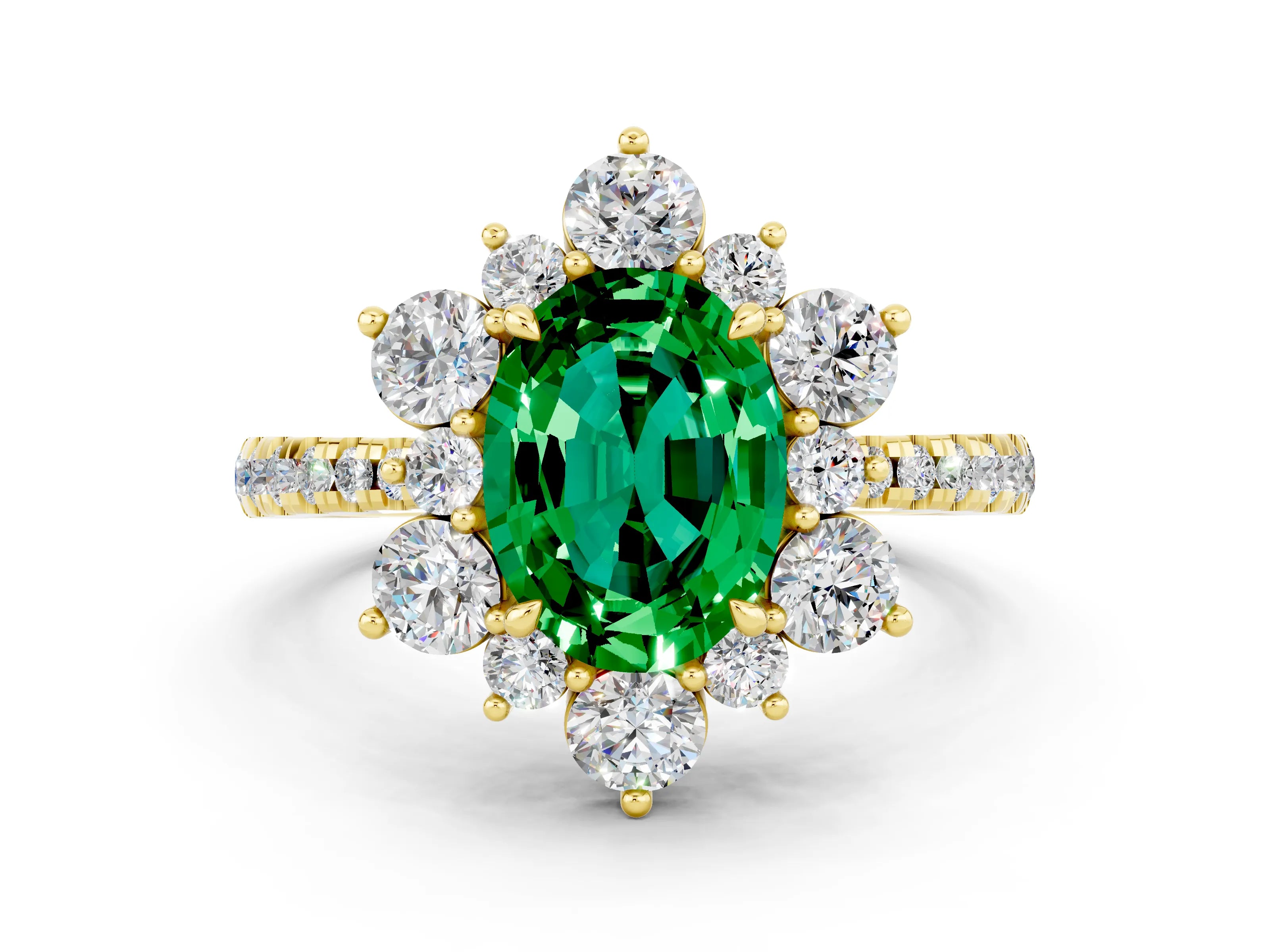 Yellow gold Oval Cut Cut Diamond Floral Halo Pave Band with Prong Setting