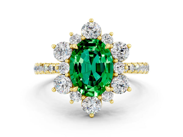 Yellow gold Oval Cut Emerald Floral Halo Ring with Round Pavé Band and Prong Setting