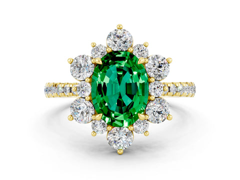 Yellow gold Oval Cut Cut Diamond Floral Halo Pave Band with Prong Setting