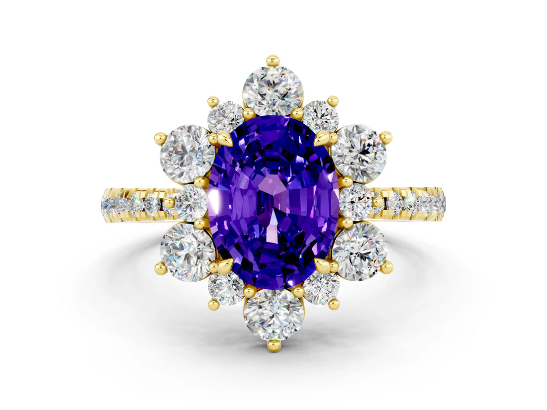 Yellow gold Oval Cut Cut Diamond Floral Halo Pave Band with Prong Setting